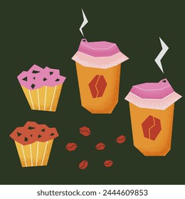 Ilustración vectorial de las mejores tazas de café y magdalenas sobre un fondo verde. Arte de desayuno, comida, bebidas.