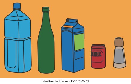 Ilustración vectorial de botellas de bebidas, botellas de vino, latas de cerveza, cajas de leche y latas de condimento
