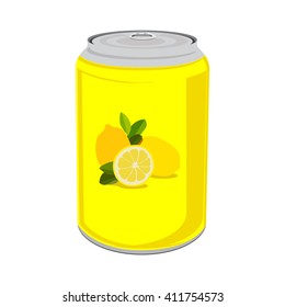 Vector illustration beverage can with lemons. Lemon drink can icon. Yellow tin can isolated on white background. Lemon fruit juice