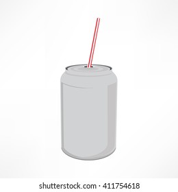 Vector illustration beverage can with straw. Soda can with tube icon.  Blank tin can isolated on white background.