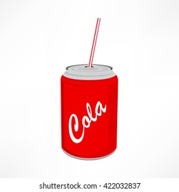 Vector illustration beverage can with straw. Red tin cola can with label. Soda can icon.