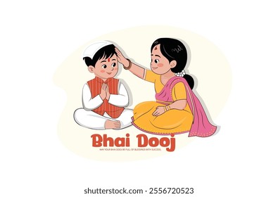 A vector illustration of Bhai Dooj as sister blessing her brother in cartoon form.