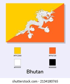 Vector Illustration of Bhutan flag isolated on light blue background. Illustration National Bhutan flag with Color Codes. As close as possible to the original. ready to use, easy to edit. 
