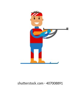 Vector illustration of biathlon player standing with a rifle in his hands in uniform. Flat design winter sport.