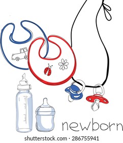 Vector illustration of bib, bottle and nipple