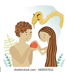 Vector illustration with biblical Adamim, Eve and snake. Serpent tempter in the Garden of Eden. The Forbidden fruit. Flat, kind, childish, cute style. Drawing, poster, picture for Sunday school.