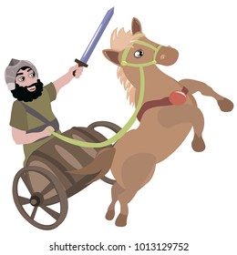 Vector Illustration Of A Biblical Character With A Sword In A Chariot With A Horse 