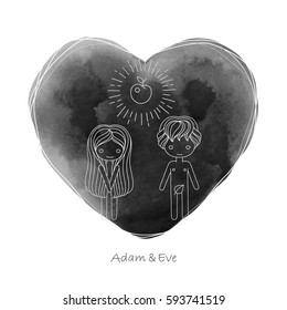 vector illustration of a biblical scene with Adam and Eve. Black hand painted watercolor background