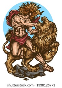 Vector illustration biblical story of samson fighting lion