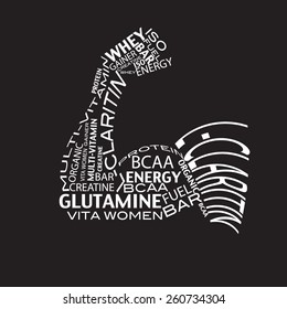 Vector illustration of biceps made of words sports nutrition. Fitness gym icon&sign&symbol.