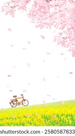 Vector illustration of a bicycle along a bank of cherry blossom trees and rape blossoms, white background, vertical screen size.