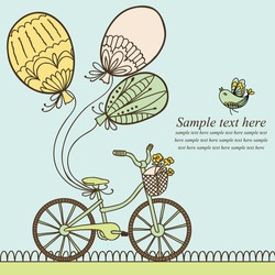 Vector Illustration With Bicycle, Balloons And Place For Your Text. Can Be Used For Celebration, Birthday Card.
