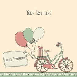 Vector Illustration With Bicycle, Balloons And Place For Your Text. Can Be Used For Celebration, Birthday Card.