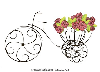 Vector illustration of a bicycle with a basket of roses