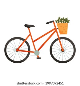 Vector illustration of bicycle or bike with basket full of flowers in cartoon flat style. Eco friendly pedal transport. Retro vehicle with summer bouquet of daisies