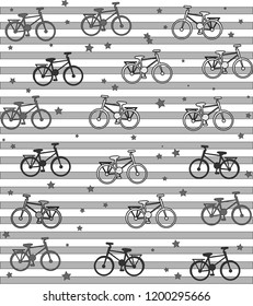 Vector illustration of bicycle. Black and white illustration of star and bicycle for textile