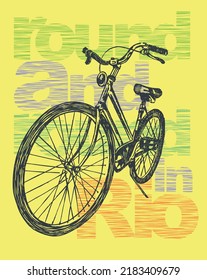 Vector illustration of a bicycle in clean lines with textured text and alluding to the city of Rio de Janeiro, Brazil.