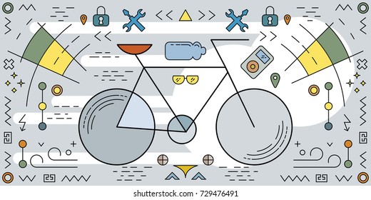vector illustration of bicycle with decorative flat line art and accessories like lock bottle in minimalistic style