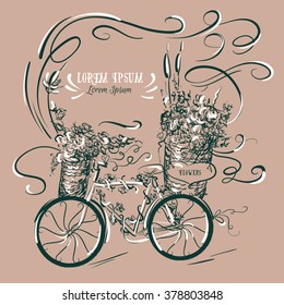 Vector illustration of bicycle with flowers made in hand drawn line style.  Template for business  or greeting card, poster and banner. 