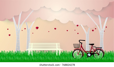 Vector illustration Bicycle in the garden with colorful hot air balloon heart sharp.origami and .paper art graphic design
