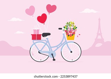 Vector illustration of a bicycle with heart balloons, gifts and flowers for Valentine's Day. Valentine's Day background.