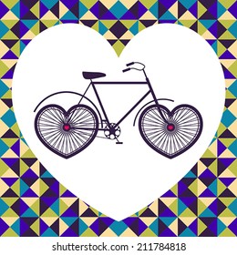 Vector illustration with bicycle in heart on geometric background, can be used like greeting card for Valentines day, life events