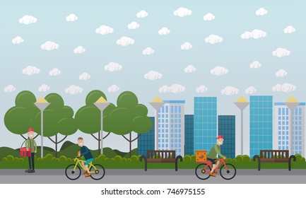 Vector illustration of bicycle messenger delivering cardboard box with fast food by bike and courier walking along the street with red delivery bag. Food delivery concept flat style design elements.