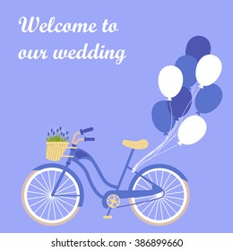 Vector illustration with bicycle and muscari in flat style. Design for birthday or wedding card