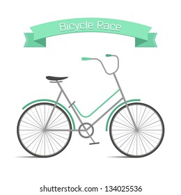 Vector illustration of bicycle on white background with green text ribbon