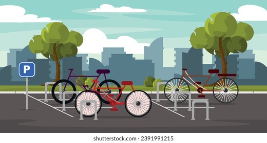 Ilustración vectorial de la zona de estacionamiento para bicicletas. Escena de caricaturas con hermoso paisaje urbano con cielo azul, siluetas de casas modernas, árboles, arbustos, señales de carreteras, estacionamiento para bicicletas. Aparcamiento de vehículos.