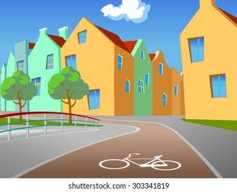 Vector illustration of the bicycle path in an european city with the fence, trees, a footpath and buildings in the background.Empty space leaves room for design elements, custom signs or text. Poster.