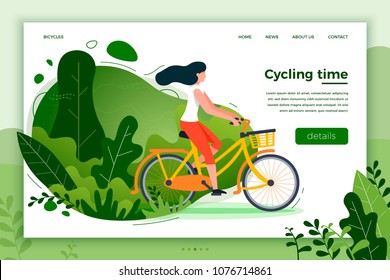 Vector illustration - bicycle riding girl. Park, forest, trees and hills on background. Banner, site, poster template with place for your text.