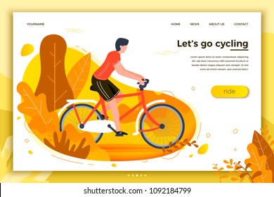 Vector illustration - bicycle riding man. Park, forest, trees and hills on background. Banner, site, poster template with place for your text.