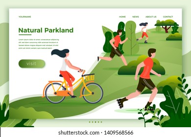 Vector illustration - bicycle riding, running, rolling people in park and trees on background. Banner, site, poster template with place for your text.