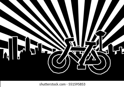 Vector illustration of a bicycle shining in the light ray against a city skyline for the concept: Green urban transportation.
