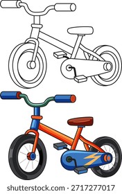 Ilustração vetorial de uma bicicleta kidsâ, mostrada nos estilos de contorno colorido e preto e branco