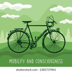 Vector illustration of bicycle silhouette in landscape in graphic style. Art alluding to ecology and mobility.