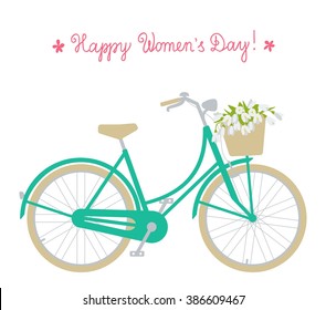 Vector illustration with bicycle and snowdrops in flat style. Text happy women's day. Design for a holiday greeting card 