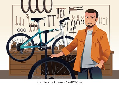 A Vector Illustration Of Bicycle Store Owner In His Bike Repair Shop