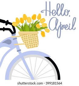 Vector illustration with bicycle and tulips in flat style. Text hello april