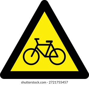 Ilustração vetorial de um sinal de aviso de bicicleta dentro de um símbolo de perigo triangular amarelo, indicando a presença de ciclistas, a segurança rodoviária ou a percepção compartilhada do percurso.
