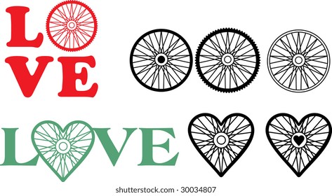 Vector illustration of bicycle wheels, love sign and heart