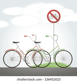 Vector illustration of bicycles near the traffic sign