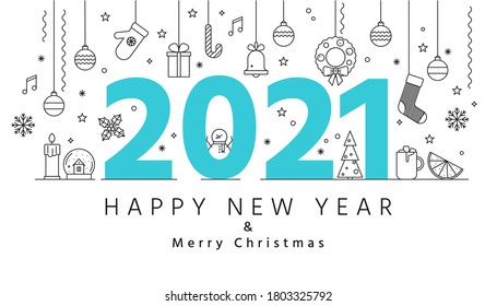 Ilustración vectorial con grandes letras de 2021 e iconos de línea navideña. Cartel de bienvenida de Año Nuevo y Feliz Navidad o banner de negocios