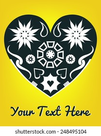 Vector illustration with big abstract heart with ornament on yellow background