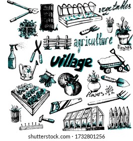 vector illustration. big agriculture set. tools. flowers. black and green picture.