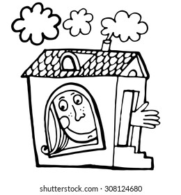 Vector illustration with big Alice in small house from  the tale Alice in Wonderland