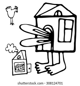 Vector illustration with big Alice in small house from  the tale Alice in Wonderland