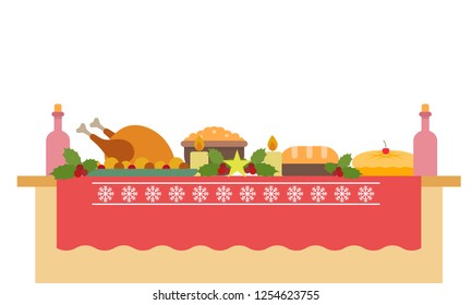 Vector illustration of a big banquet table with drinks and eating. Festive holiday dinner. Christmas and New year table. Flat style illustration.