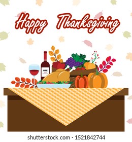 Vector illustration of a big banquet table with drinks and eating fruit. Festive holiday dinner. Flat style. Table for Thanksgiving Day.